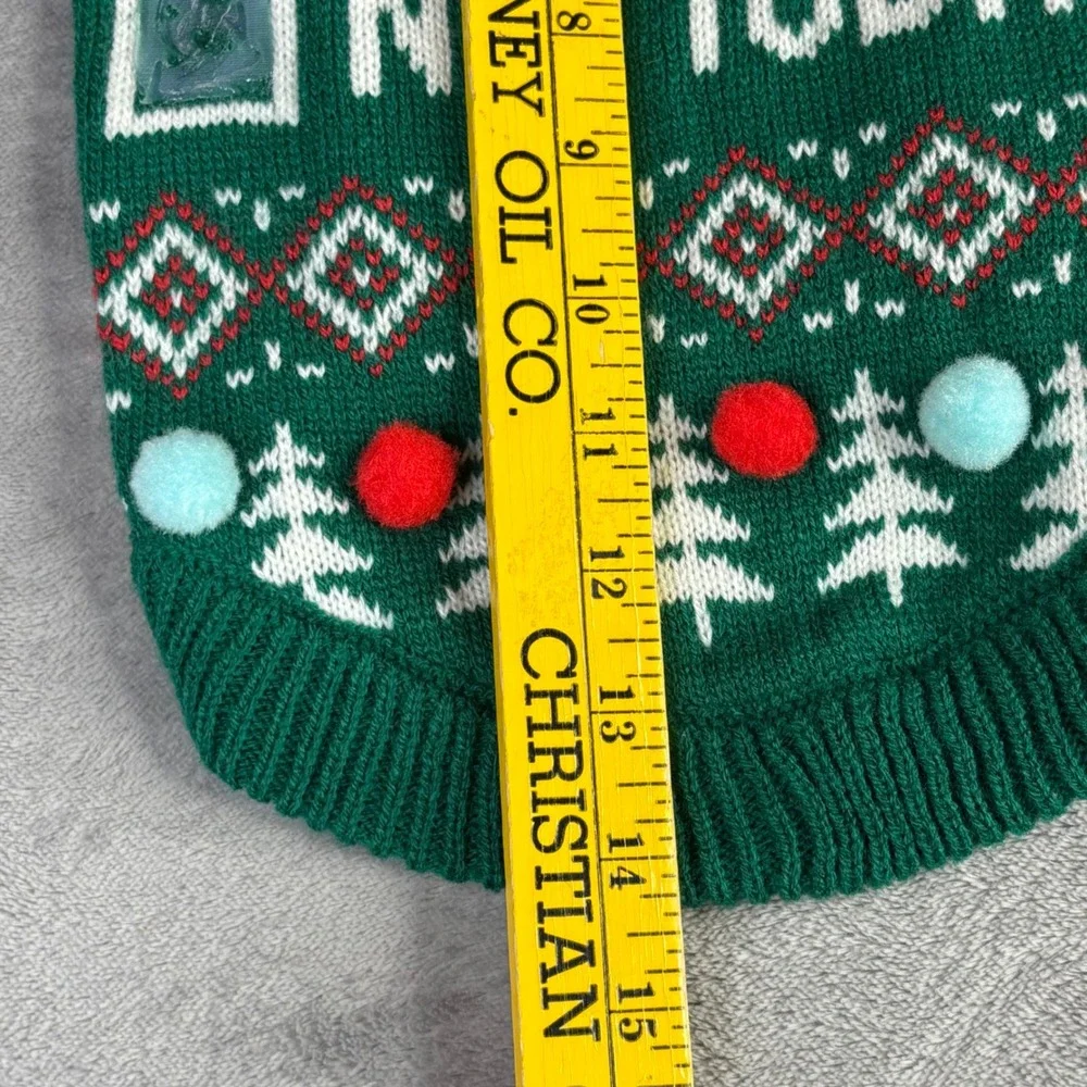 Merry & Bright Holiday Pet Sweater M/L Green Naughty Nice Not Today Pom Pom Knit